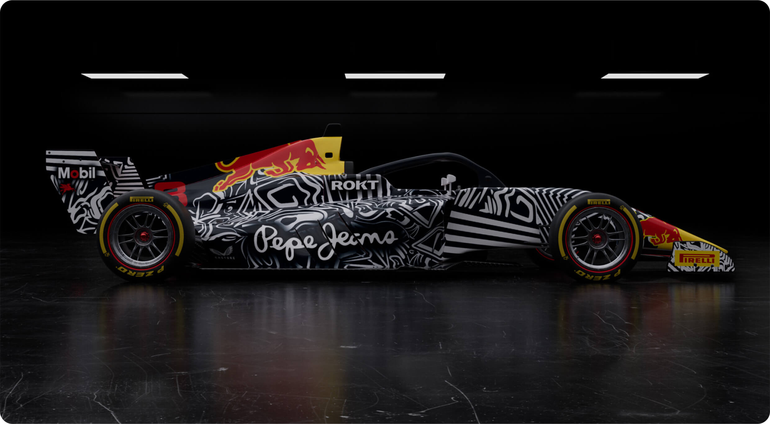 A Red Bull Racing Formula 1 car is showcased in a dark studio, featuring a bold custom livery with black and white zebra-like patterns, abstract art motifs, and sponsor logos including Pepe Jeans, Mobil, ROKT, and Pirelli. The car’s nose and engine cover incorporate the classic Red Bull red and yellow branding, contrasting sharply with the monochrome design. Slick Pirelli tires with yellow markings complete the striking look, emphasizing a creative fusion of motorsport and streetwear aesthetics.