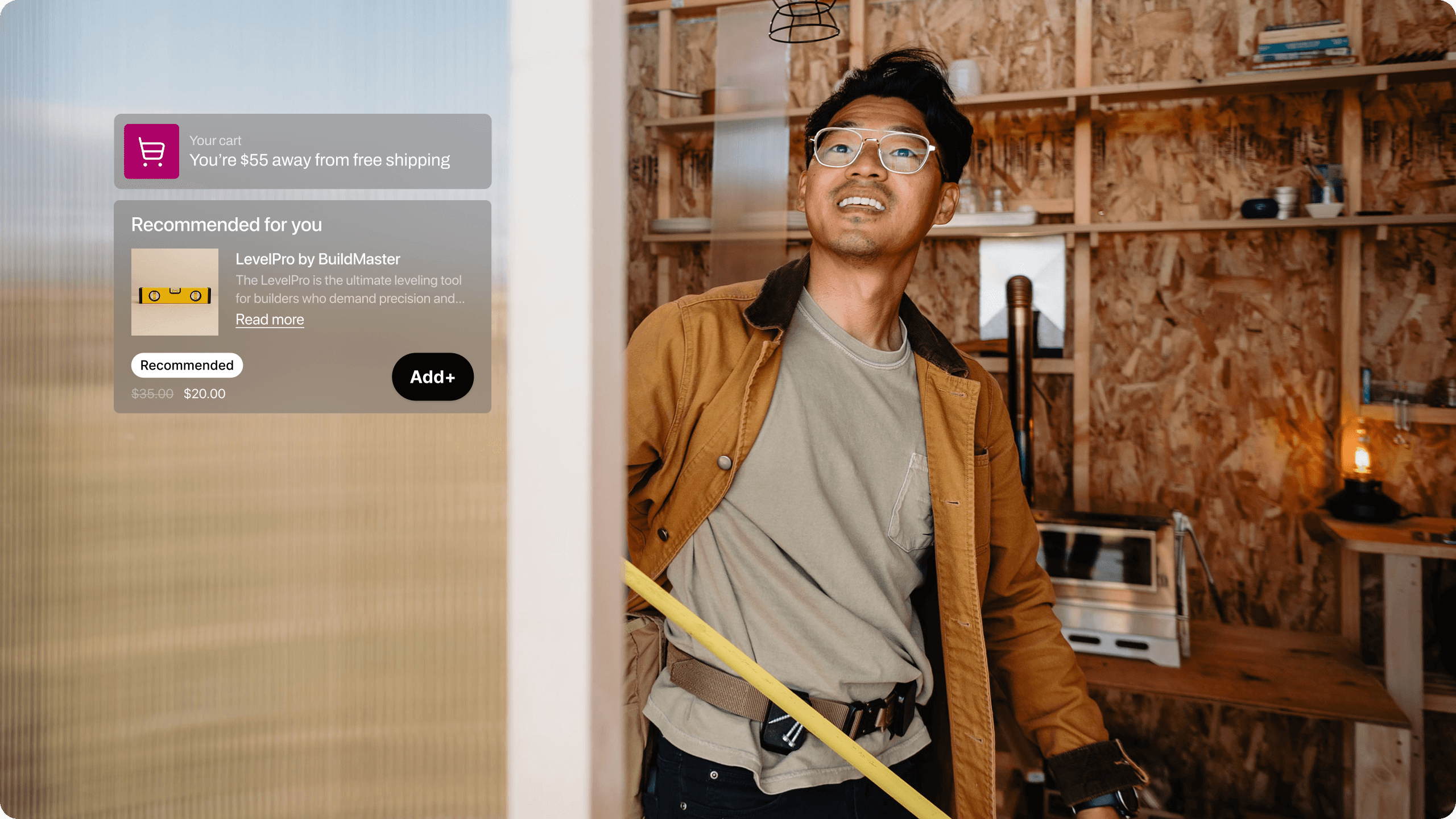 A man wearing glasses and a tan work jacket stands inside a workshop, looking upward with a thoughtful expression. He's holding a yellow measuring tape, and a tool belt is strapped around his waist. Behind him, wooden shelves hold various tools and supplies. Overlaid on the left side of the image is a translucent interface showing an online shopping cart notification and a product recommendation for a leveling tool called “LevelPro.” The scene blends physical craftsmanship with digital convenience, suggesting a tech-enhanced building or DIY experience.