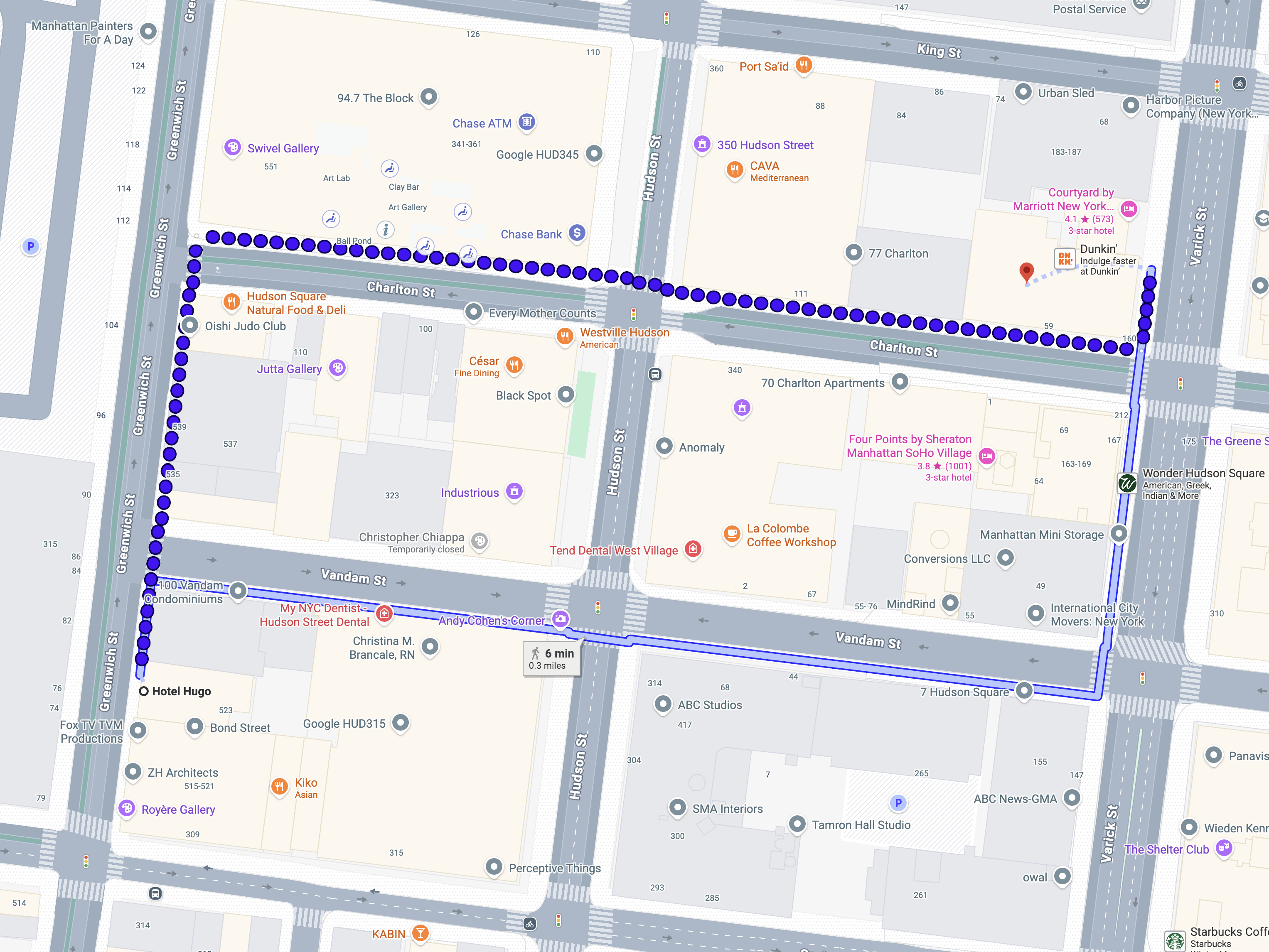 Map showing a 0.3-mile walking route in Manhattan from Hotel Hugo on Greenwich St to a point near 77 Charlton on Varick St, passing through Charlton St and Vandam St within Hudson Square.