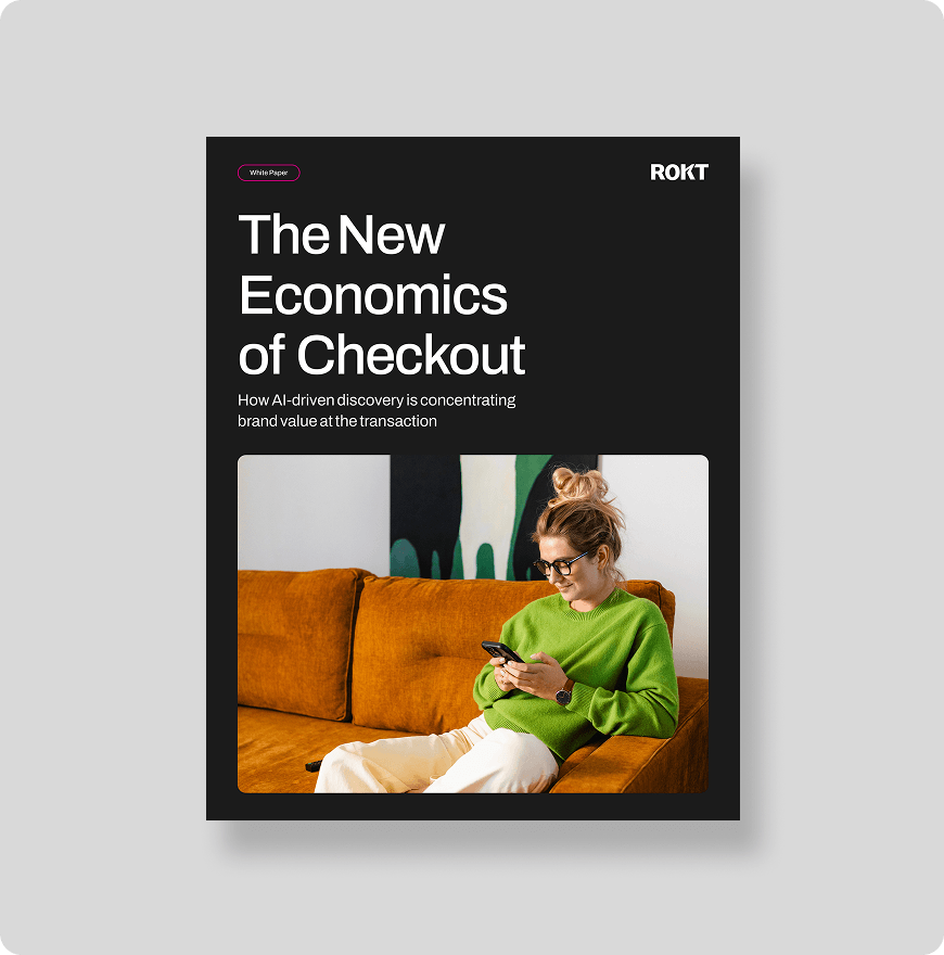 Cover of a white paper titled 'The New Economics of Checkout' by ROKT, featuring a woman in a green sweater sitting on an orange couch looking at her phone.