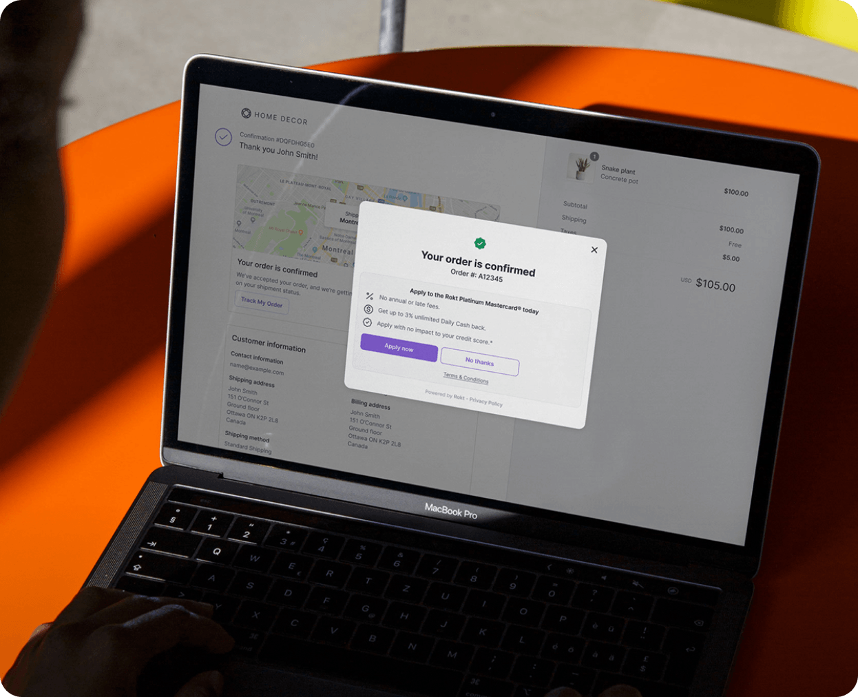 Laptop screen displaying an order confirmation page for a snake plant in a concrete pot priced at $105 USD, including shipping and taxes, with customer and shipping information shown. A pop-up offers to apply for a Rokt Platinum Mastercard with benefits listed and options to apply or decline.