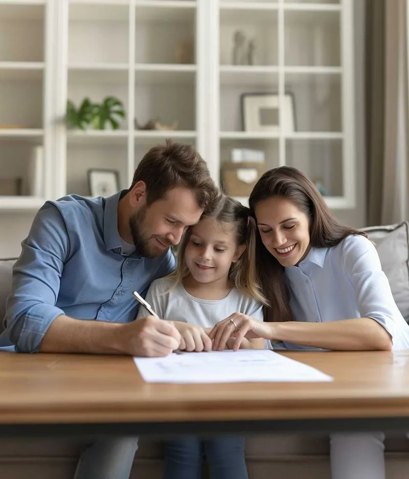 Couple avec enfant en train de signer un document.