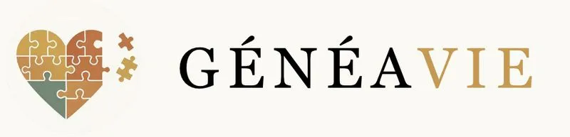 Logo généavie représentant un coeur composé de pièces de puzzle.