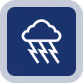 Thunderstorm icon with lightning bolts and cloud on blue background