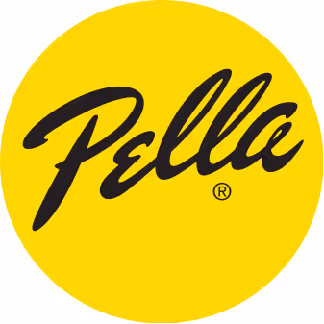 Pella logo with black cursive text on bright yellow circular background