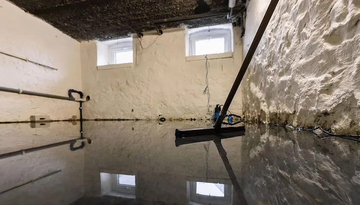 Flooded basement with reflective water surface and small windows