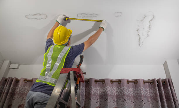 Construction worker measuring wall on ladder wearing safety vest and hard hat