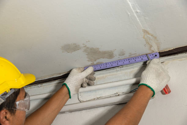 Worker measuring water damage on ceiling with purple ruler