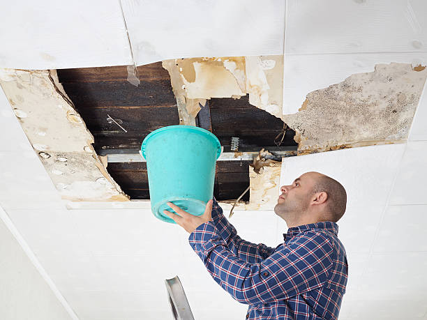 Person catching water leak in ceiling with blue bucket