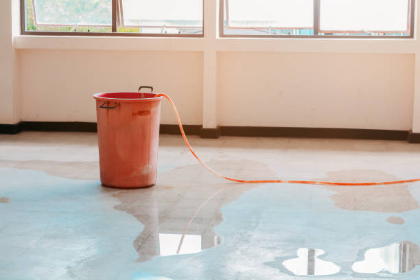 Red bucket on wet floor with water spill near windows