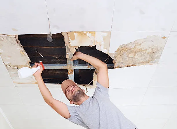 Person repairing damaged ceiling with spray bottle and tools