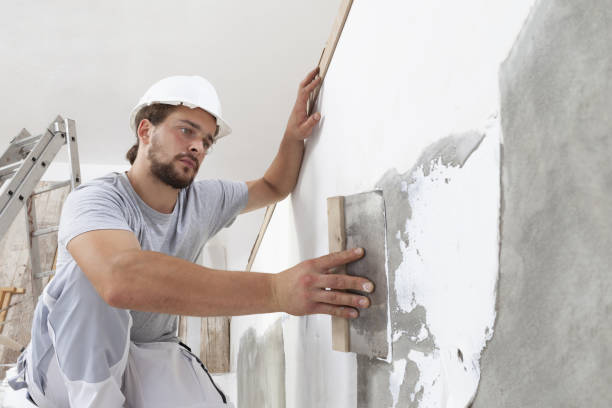 Construction worker plastering wall with trowel and wearing white hard hat