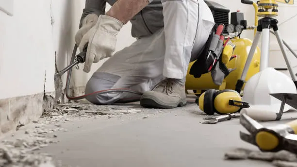 Construction worker using tools to repair or demolish concrete wall