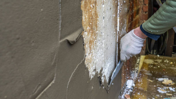 Worker scraping old paint from wall with putty knife during renovation