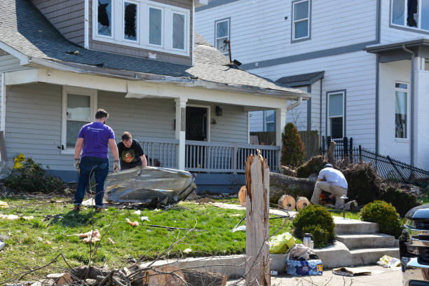 Workers clean up debris and damaged yard after storm or disaster