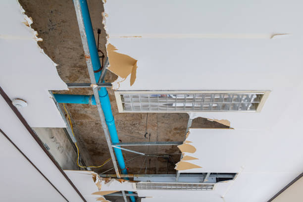 Damaged ceiling with exposed blue pipes, broken drywall, and fluorescent light fixture