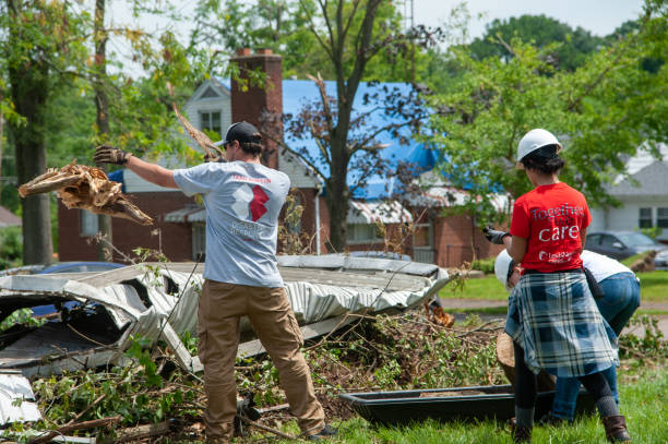 Volunteers cleaning up debris and fallen branches after a storm