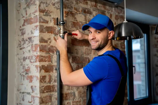 Smiling plumber in blue uniform fixing pipe near exposed brick wall