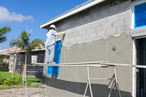 Worker in white protective suit applying stucco on exterior wall with trowel