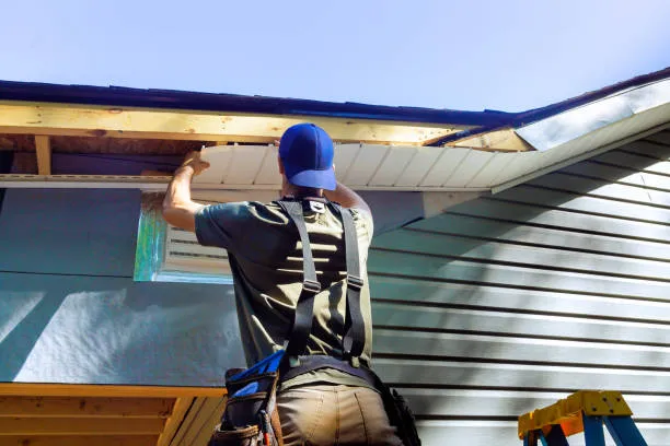 Roofer in blue cap installing roof decking on new residential construction