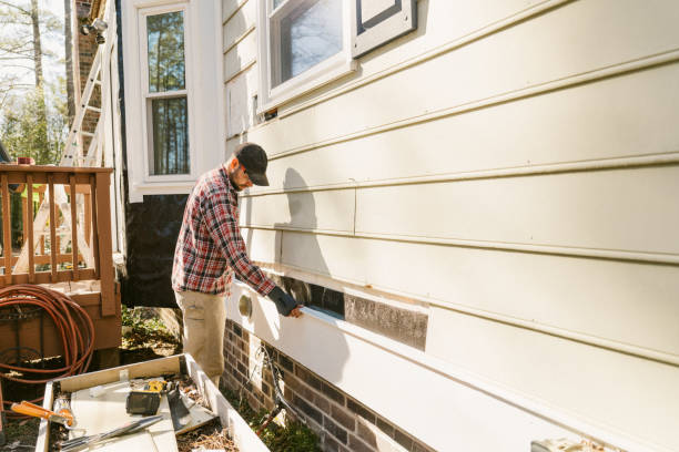 Worker in plaid shirt painting exterior wall of house on sunny day