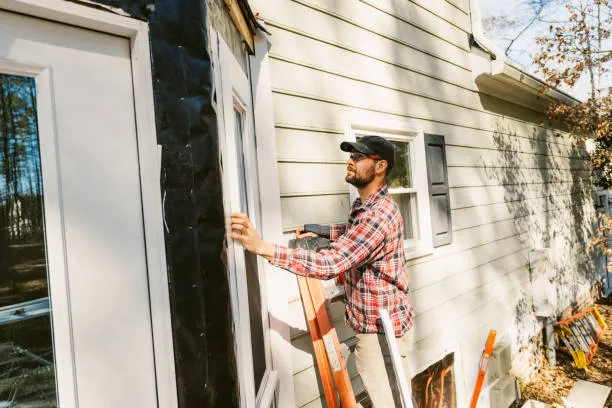Worker in plaid shirt repairs exterior window on house ladder