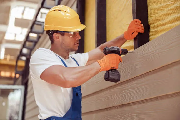 Construction worker using drill to install siding while wearing safety gear