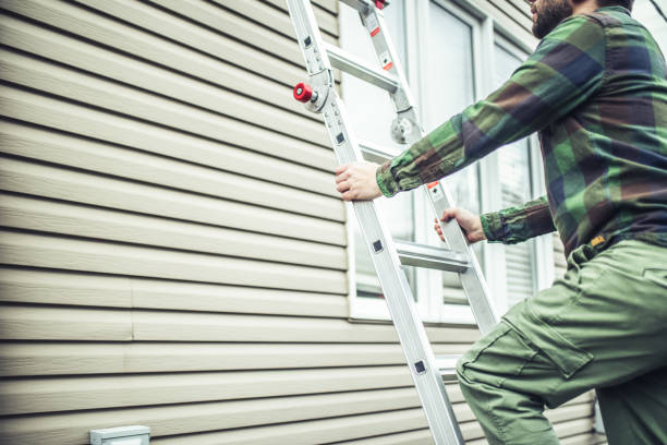 Person climbing aluminum ladder against house siding for maintenance work