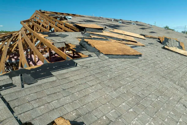 Damaged roof with exposed wooden trusses and missing shingles