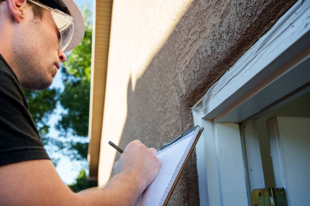 Home inspector examining exterior wall and window during professional inspection