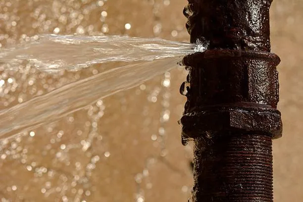 Water spraying from a rusty metal pipe with blurred golden background