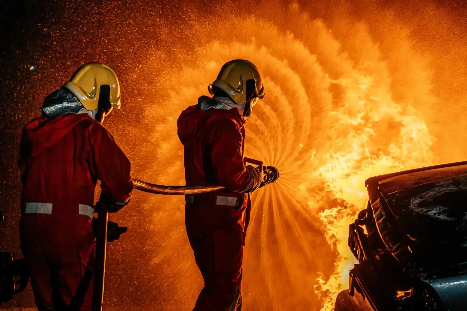 Two firefighters in red suits and yellow helmets spray water on a massive, bright orange fire. The spray of water from the hose creates a spiral pattern.
