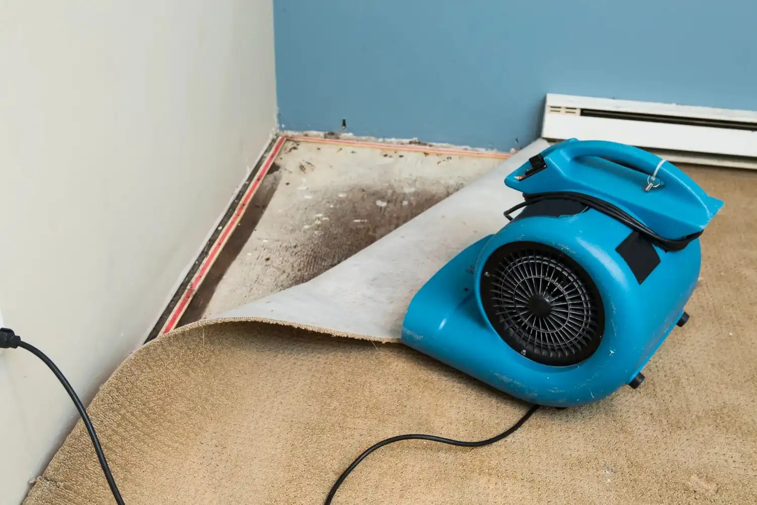 A large, blue industrial fan and a rolled-up carpet exposing a concrete floor