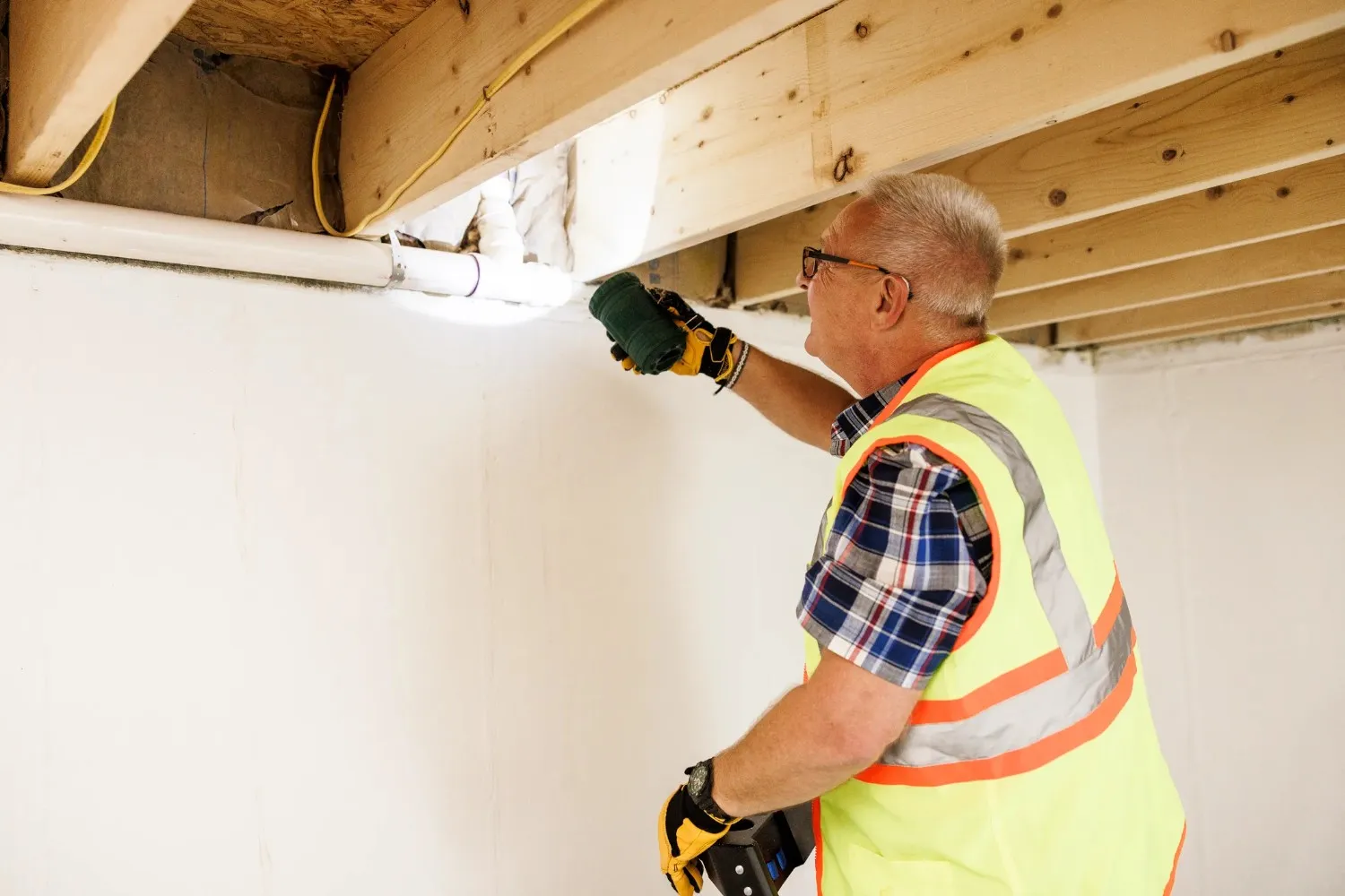 Construction worker inspecting wooden ceiling beams with safety vest