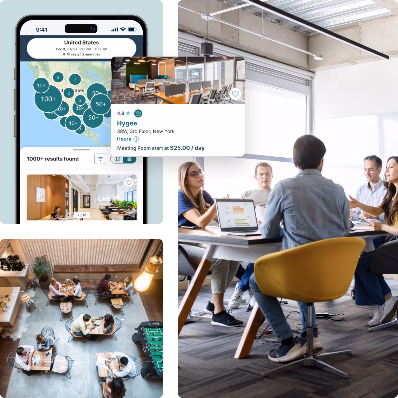 Collage with a phone showing a workspace booking app, a top-down view of people working in a cafe, and a group of colleagues having a meeting around a table in a bright office.