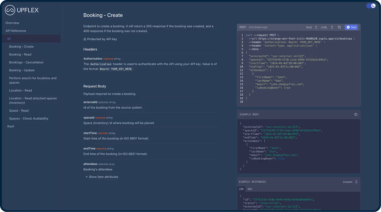 API documentation interface for creating a booking with endpoint details, headers, request body structure, curl command example, JSON request body, and example responses.