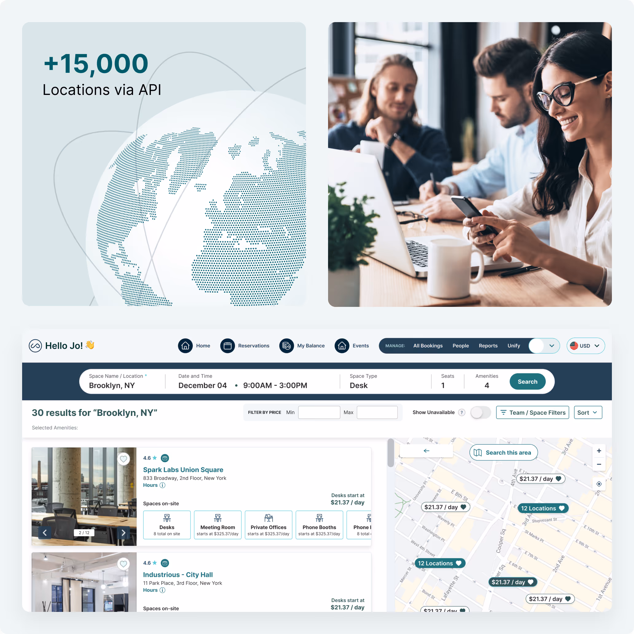 Collage showing a digital world map with +15,000 locations via API, a smiling woman using a smartphone with two men working at a table, and a coworking space booking interface for Brooklyn, NY with listings and a map.