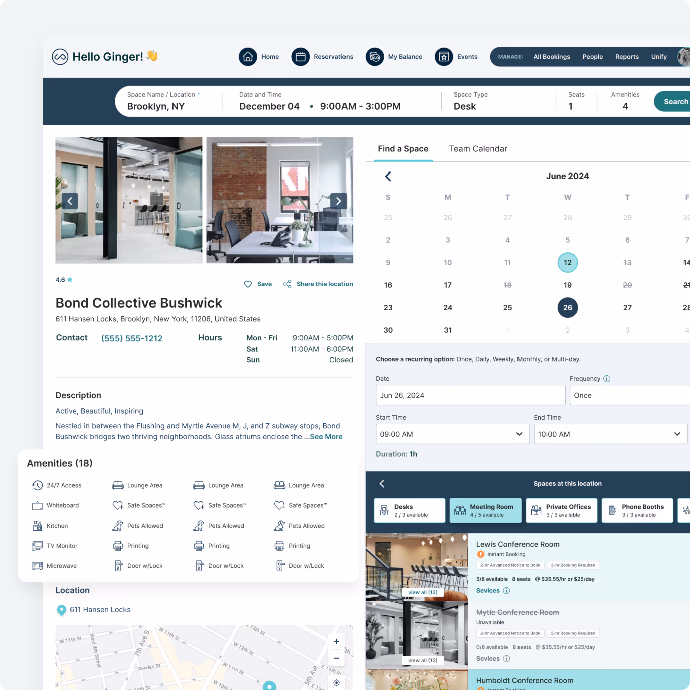 Workspace booking platform interface showing Bond Collective Bushwick location in Brooklyn, NY with images of office spaces, amenities, calendar for June 2024, and available rooms including Lewis and Humboldt Conference Rooms.