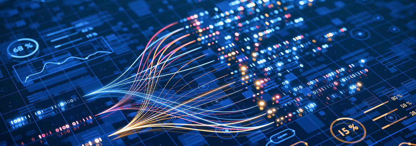 Abstract digital data visualization with colorful flowing lines and binary code on a blue technological background.