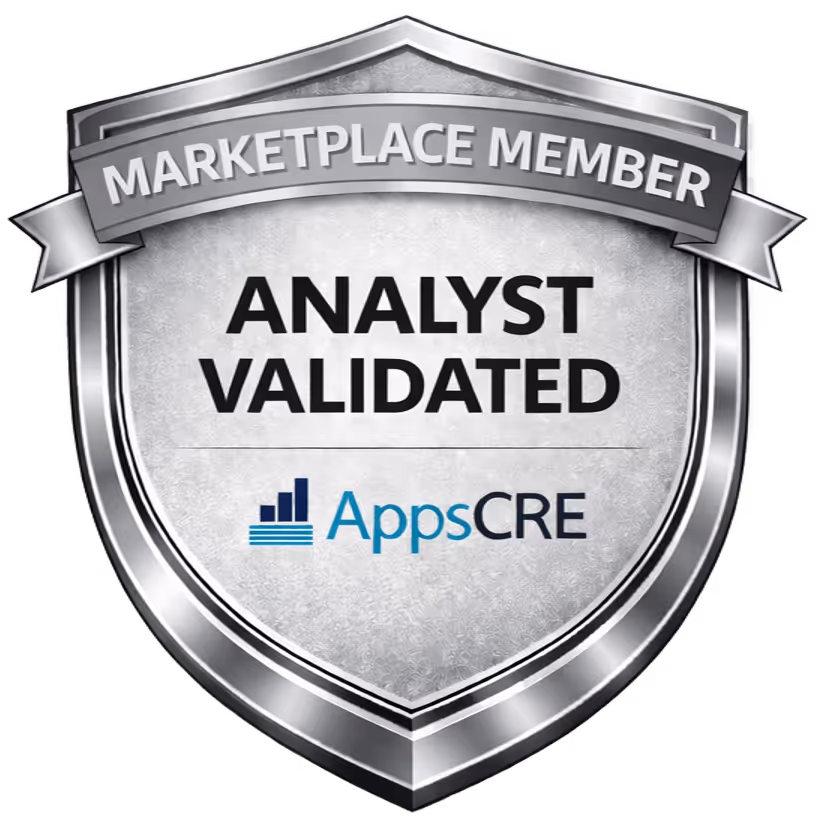 Silver shield badge with banner reading 'Marketplace Member' and text 'Analyst Validated' above the AppsCRE logo.