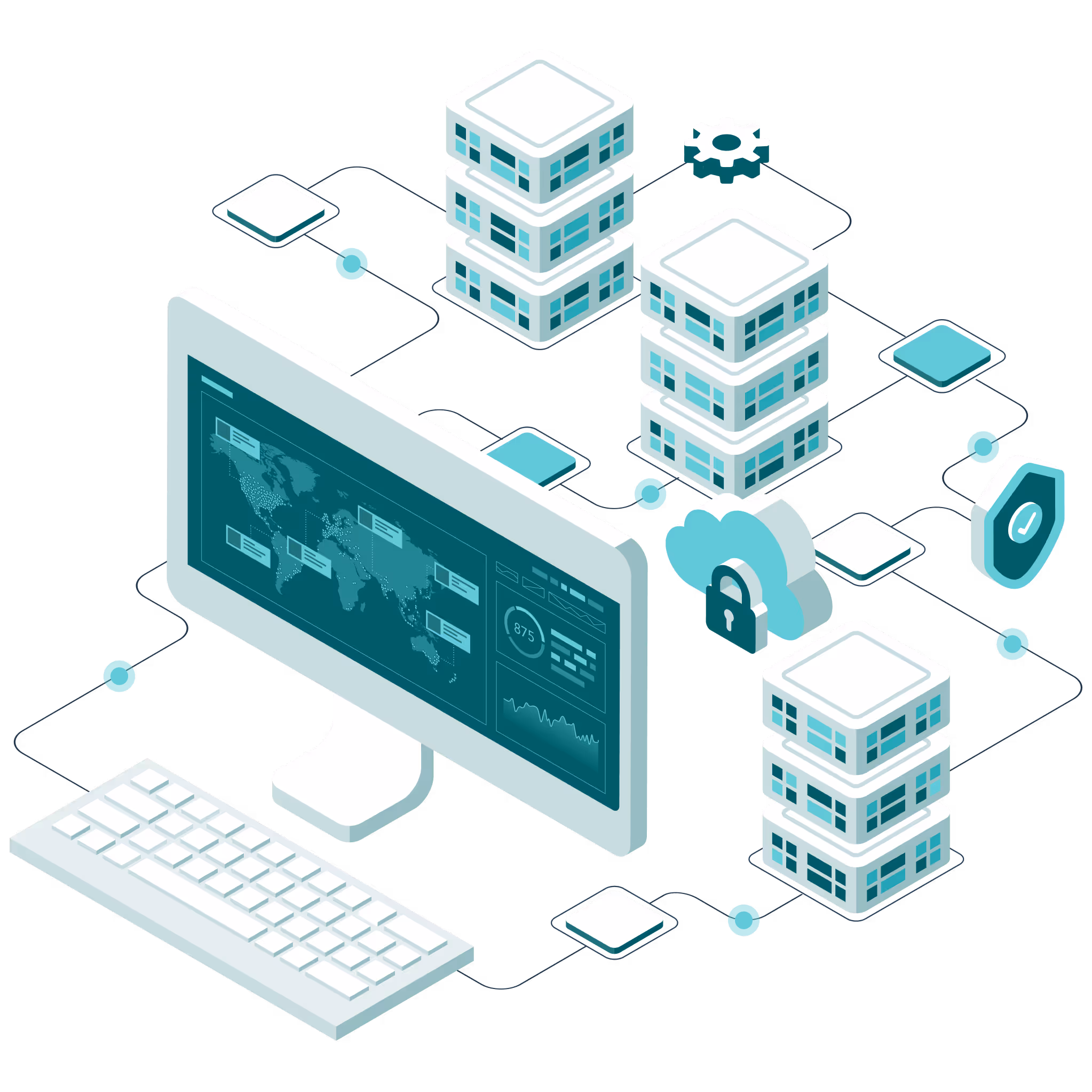 Isometric illustration of a computer monitor and keyboard connected to data servers, cloud storage with a lock, and a security shield.