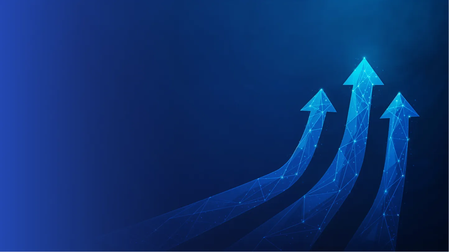 Three blue digital arrows made of connected points pointing upward on a dark blue background.