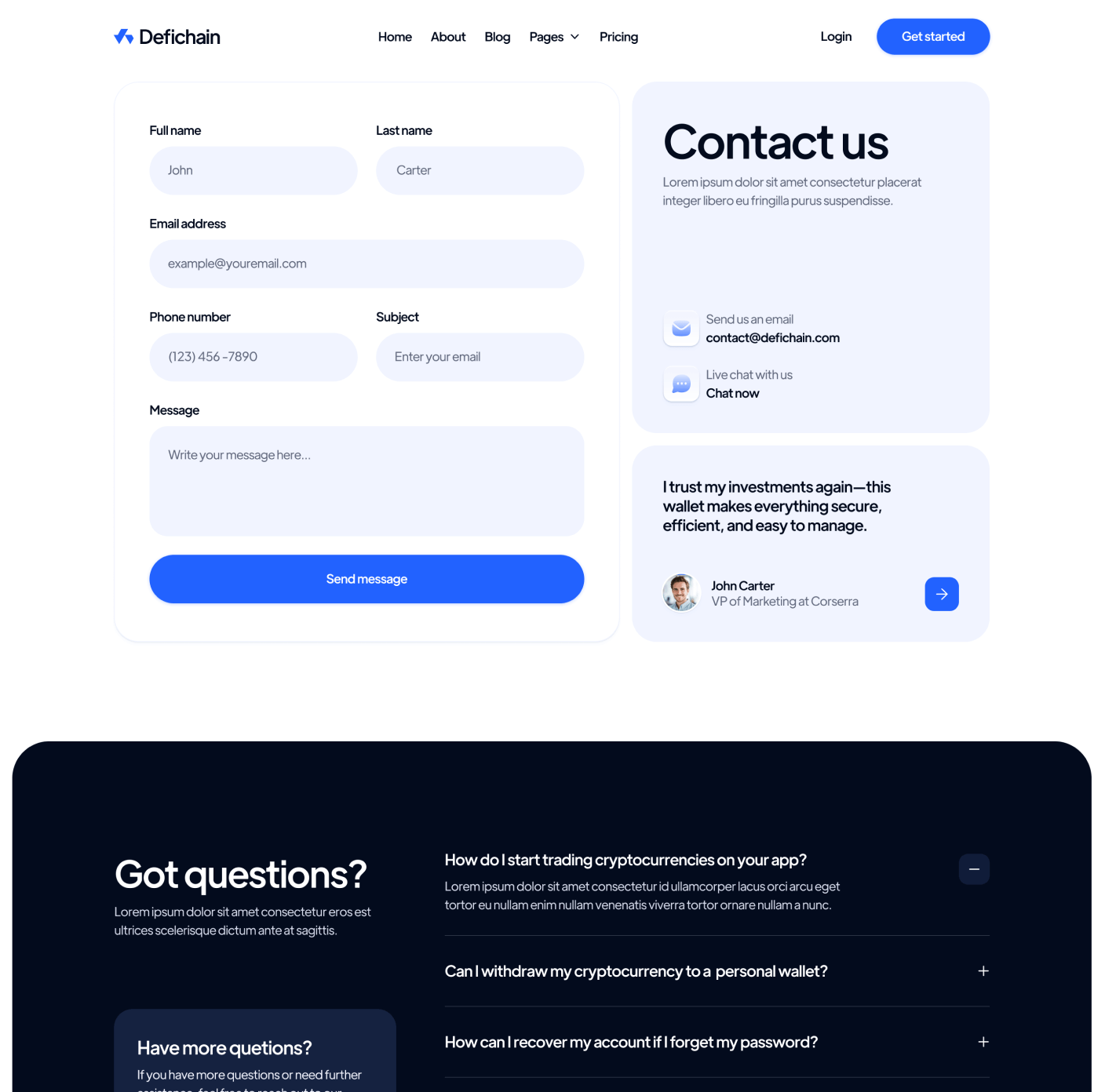 DeFiChain Contact V1 Main Page Crypto Webflow Template | BRIX Template  
