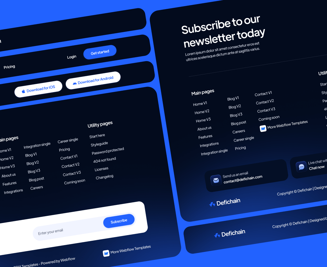 DeFiChain 3 Headers And Footers Crypto Webflow Template | BRIX Template
