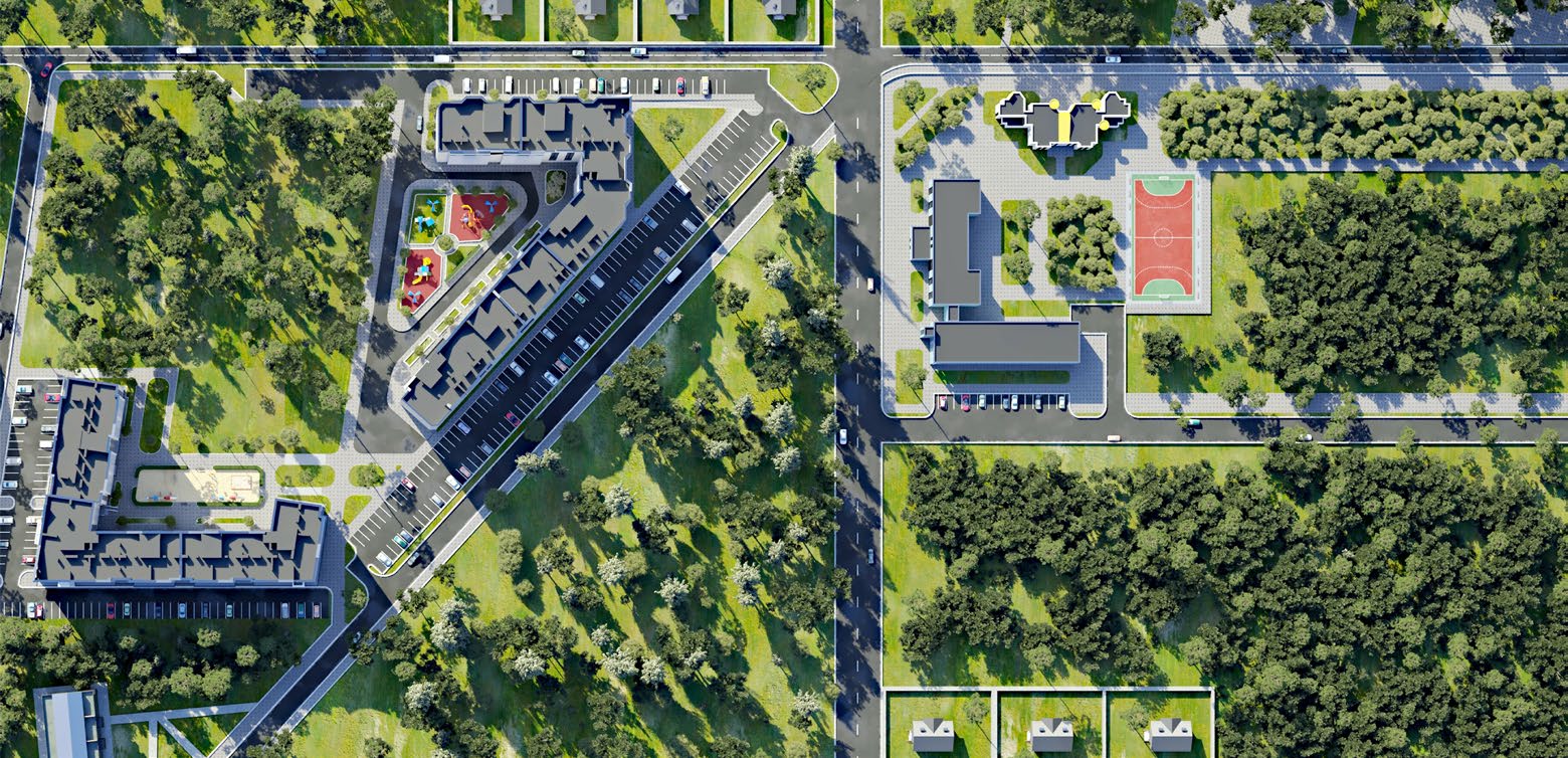 A CGI arial image of a green city.