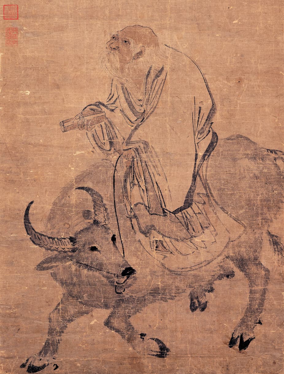 Lao Tseu assis sur un bœuf dans une peinture de Zhang Lu, sous la dynastie Ming.