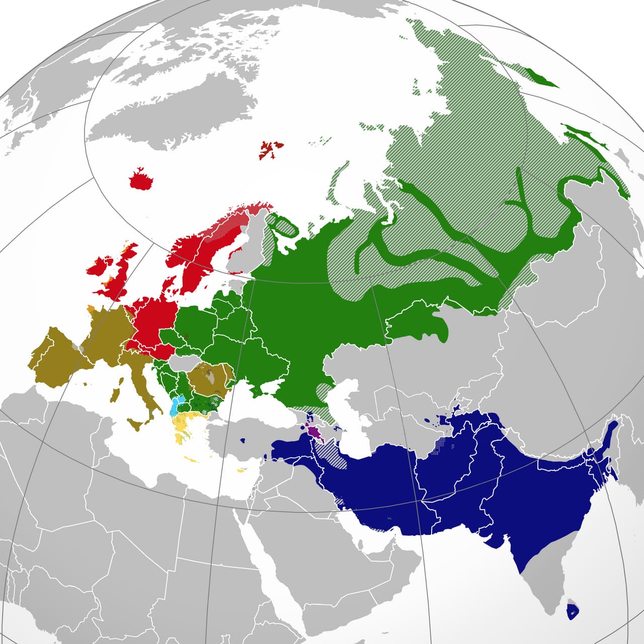 Carte de la répartition actuelle des huit branches vivantes des langues indo-européennes en Eurasie.