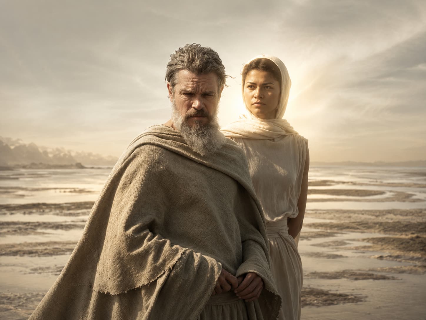 Ulysse (Matt Damon), guerrier pensif debout face à Athéna (Zendaya), une figure féminine lumineuse dans un paysage côtier désertique.