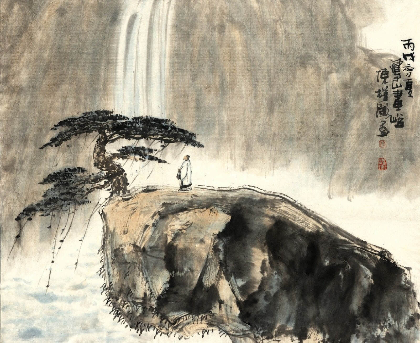 Peinture chinoise représentant Zhuangzi assis face à une cascade dans un paysage montagneux.