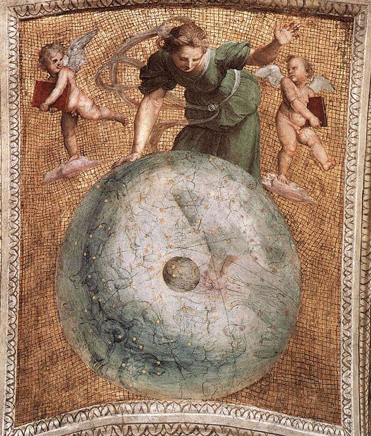 Fresque de Raphaël représentant une figure allégorique ordonnant une sphère céleste dans la Chambre de la Signature au Vatican.